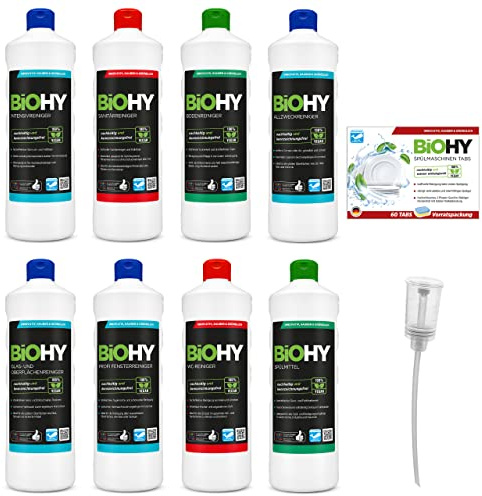 BiOHY Cleaning agent complete set with dispenser and dishwasher tablets (8 x 1 L), bathroom, window and floor cleaner, powerful and efficient, sustainable organic cleaner