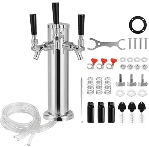 Dbgogo Triple Tap Draft Beer Tower, Stainless Steel 3'' Flange Brewing Tower Stainless Core Keg Tap Dispenser Self-Closing Faucet Spring 1/4'' Barb Fitting Kit for Kegerator Countertop Installation