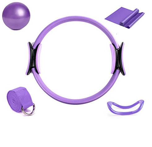 LTLCLZ 5Stück Yoga Ball Magic Ring Pilates Kreis Trainingsgeräte Workout Fitness Training Widerstandsunterstützungswerkzeug Stretchband Fitnessstudio,Lila
