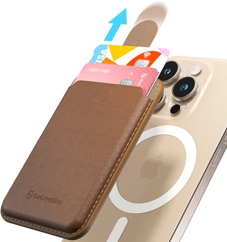 Sinjimoru Pull & Eject Magnetic Wallet for iPhone, Vegan Leather Magnetic Card Holder, Compatible with MagSafe Wallet, M-Pull Tab Wallet Brown | M-Pull Tab Wallet, pull-up strap wallet, slim vegan leather card holder, holds 2 cards, lightweight, fits iPhone 17-12