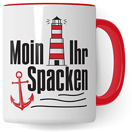 Moin ihr Spacken Tasse Kaffee-Tasse Geschenkidee für Norddeutsche Norddeutschland Meer Nordsee Ostsee Kaffeebecher (Weiß/Rot)