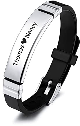 INBLUE Bracciale con Targhetta Personalizzata Nome/Citazione Targhetta in Acciaio Inossidabile Bracciale Regolabile in Silicone per Uomo Donna