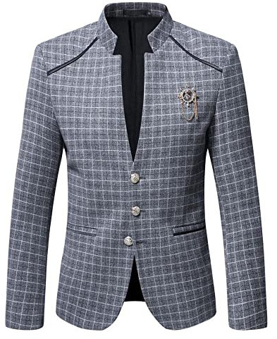 Anzüge Herren Slim Fit Chinesischer Stil Jacquard Stehkragen Jacke Herren Einreihig Casual Blazer Herren Tasche Dekoration Langarm Mode Anzug Jacke Herren F-Grey XXL