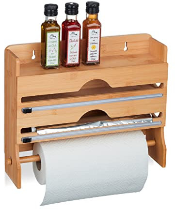 Relaxdays Wandrollenhalter 3 in 1, für Alufolie, Frischhaltefolie, Küchenrolle, Bambus, HxBxT: 31 x 39,5 x 11 cm, Natur