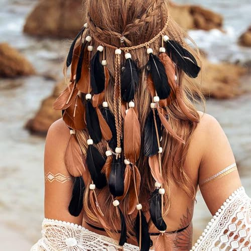 Yean Feder Stirnband Zigeuner Quaste Kopfbedeckungen Boho Haarband Schwarz 1920s Kopf Kette Rave Haar Zubehör für Frauen und Mädchen