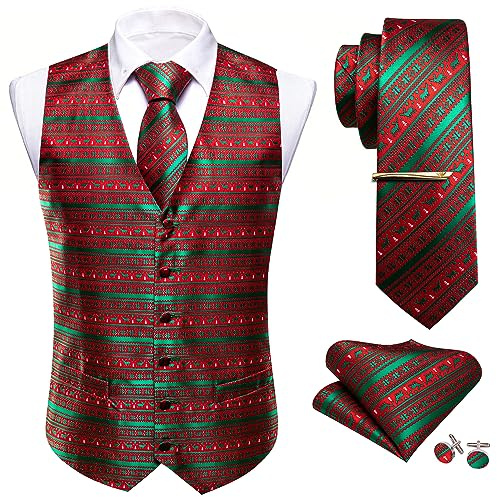Barry.Wang Herren Weihnachten Weste Anzug Krawatte Urlaub Business Fliege Kleid Weste V-Ausschnitt Party Schneeflocke Xmas Kostüme, Rot Grün Weihnachten Weste, M