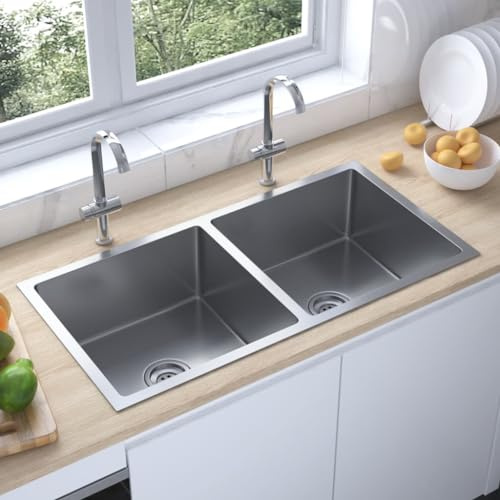 AUVYI Lavabo da incasso fatto a mano, in acciaio inox, argento, 86,5 x 44 x 20 cm