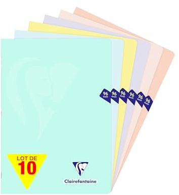 Clairefontaine Mimesys Pastel 308162Cpack 10 Hefte, geheftet, A4, 21 x 29,7 cm, 96 Seiten, kleine Karos, weißes Papier, 90 g, Umschlag aus Polypropylen, blickdicht, zufällige Farbauswahl