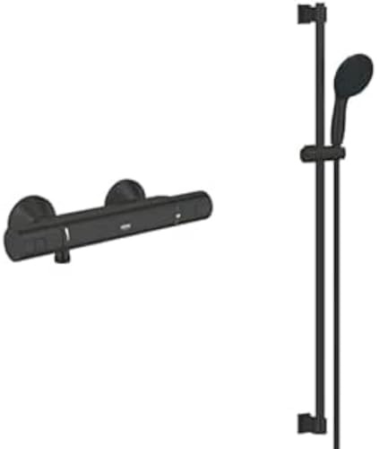 GROHE Precision Start - Brausestangenset inkl. Thermostat- Brausebatterie (wassersparend, 110mm Handbrause, 2 Strahlarten, 900mm Brausestange), rund, matt schwarz