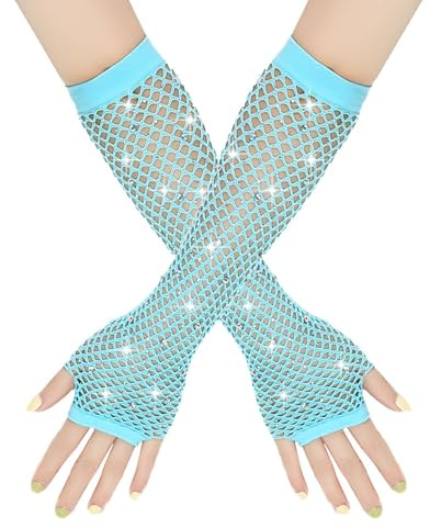 Generisch Damen Lang Netz-Handstulpen, Fischnetz Fingerlose Handschuhe, Netzhandschuhe mit Strass Glänzende, Modische Opernhandschuhe für 80er Jahre Kostümparty Halloween Cosplay Zubehör