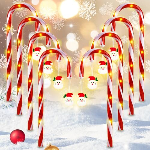 Lumières de Canne en Bonbon de Noël, 8 Pièces Feux de Balisage de Chemin, 8 Modes d'Éclairage, Décorations de Sucre d'Orge pour Noël