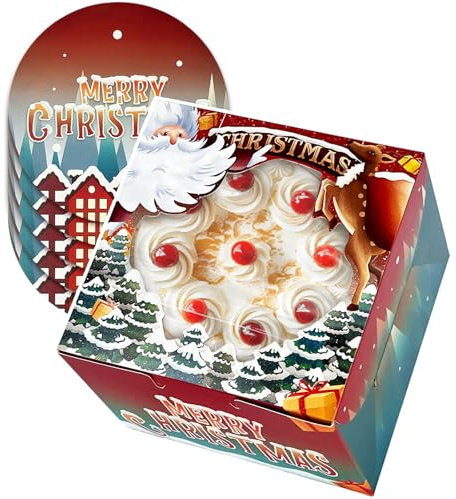 Gcardist Weihnachten Kuchenbox 5 Sets Tortenkarton Weihnachten mit Fenster Weihnachten Kuchenrunde Bretter Kuchenbehälter (20,3x20,3x12,7cm / 8x8x5 Inch)