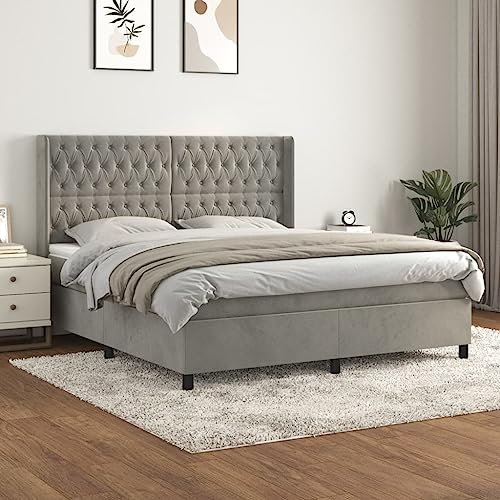 OHOOWOO Boxspringbett mit Matratze Hellgrau 180x200 cm Samt,Luxuriöses Boxspringbett mit verstellbarem Kopfteil und hautfreundlichem Topper für erholsame Nächte