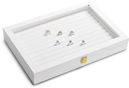 Papten Schmuckset Ringetablett Lederaufbewahrungsbox Mit Transparentem Deckel – Abschließbare Schmuckschatulle Für Mehrere Ringe – Geeignet Für Frauen Und Mädchen (weiß)