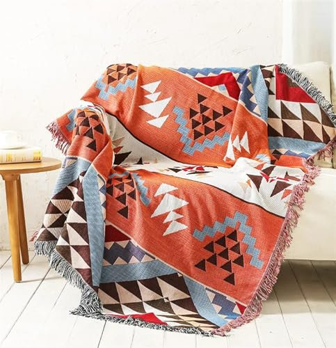 Strickdecke im indischen Stil, Baumwolle, für Sofa und Bett, Retro-Landschaft, geometrisches Wandteppich-Design, für Reisen und zum Aufhängen an Stühlen, 130 x 160 cm