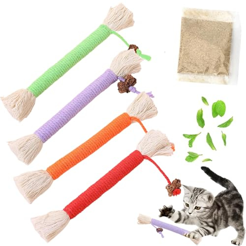 LOMSUXA 4Pcs Bâtonnets Herbe à Chat, Set de Bâtons à Mâcher pour Chats, Bâtonnets d'herbe à Chat Matatabi Naturel, Baton Jouet Chat pour Élimine Le Tartre et la Mauvaise Haleine, Nettoie Les Dents