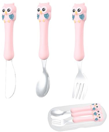 LHLZNB 3pcs Stainless Steel Owl Cutlery Set for Kids and Baby (Pink, Includes Spoon, Fork, Knife)