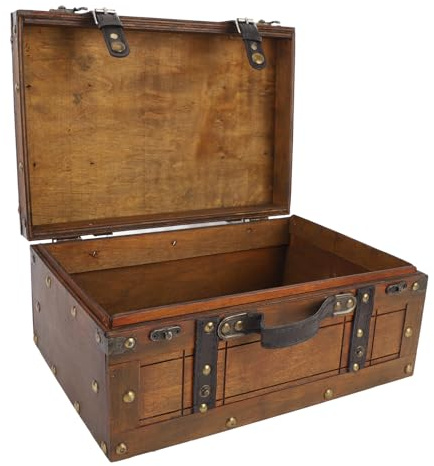 JOROBURO Wooden Chest, Portable Vintage Distressed Multifunctional Wood Storage Trunk Handbag, Wood Decorative Suitcases for Clothes, Toys, Photo Prop (Large)