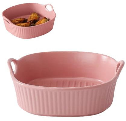 Teglia da forno in ceramica, piccola per friggitrice ad aria calda, 650 ml, con manici per friggitrice, per la preparazione di lasagne, zuppe, forno e microonde, sicura (rosso lampone)