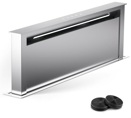 Klarstein Downdraft Cooker Hoods 90cm, 2-in-1 Extractor Fan for Kitchen w/Recirculating Cooker Hood Mode, 576m³/h Max Airflow, Kitchen Extractor Hood, LED Lights, Touch Control, Kitchen Extractor Fan