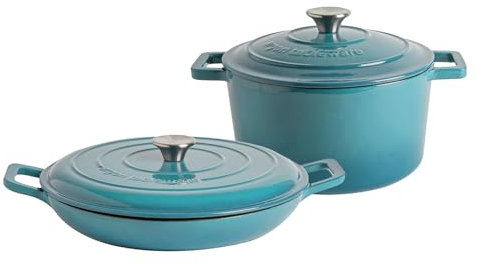 Argon Tableware 2.3L & 4.68L Shallow Cast Iron Casserole Dish Set with Self-Basting Lids - Teal Ombre - Induction Hob Cooking Dutch Oven Bread Baking Serving Roasting Stew Stock Pot Cookware Pan