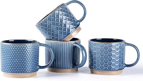GBhome Stackable Coffee Cups Set of 4 I 220 ml Ceramic Cups with Texture I Dishwasher & Microwave Safe I for Latte/Cappuccino I Modern Gift Idea for Men/Women