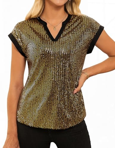 GRACE KARIN Hauts à Paillettes pour Femmes FR Col V Manches Courtes Blouse de Fête Scintillante, doré, L