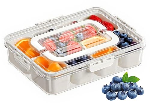 Divided Serving Tray with Lid & Handle, 8Components Portable Food Storage Boxs& Snack Trays, Portable Food Storage Container, for Fruit, Veggies, Salad, Reusable Snack Box for Entertaining Party Picn