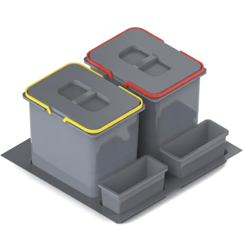 REJS Mülltrennsystem Küche für 60 cm Schrank 2-fach 52,5x49x30 cm (2x 15L) mit Deckel Einbau Abfallsammler für Schubladen Küchenabfalleimer Abfalltrennung Abfallbehälter Set Silberfarben