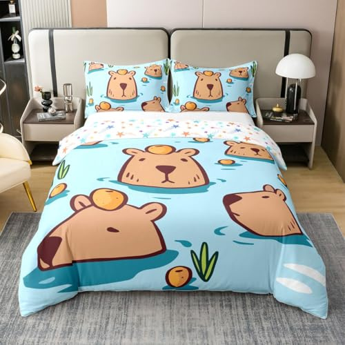 Cartoon Capybara 100% Cotton Comforter Cover, Lovely Beaver Duvet Cover Set Twin Cute Rodent Animals Print Bedding Set, Kawaii Natural Wild Safari Theme Bed Set, Orange Fruit Decor