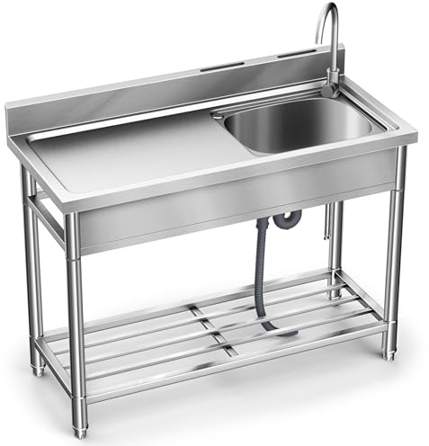 AMAZWI Fregadero Cocina Independiente Acero Inoxidable 304 Un Solo Seno Con Amplia Estación Trabajo, Grifo Bajo Encimera Y Escurridor(47in Right)