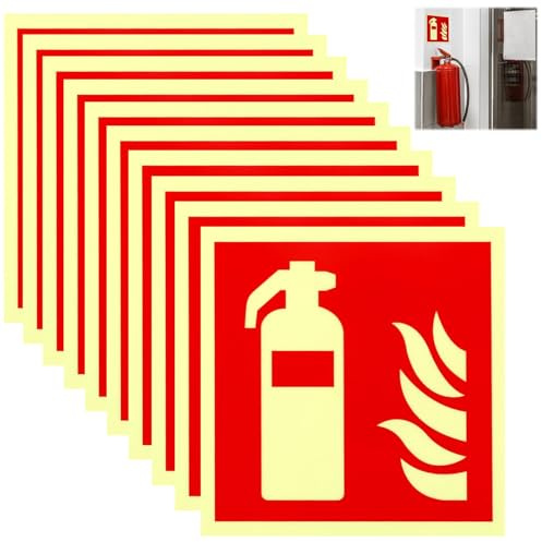10 Stück Nachleuchtend Feuerlöscher Schild 15 x 15cm | Selbstklebende Brandschutzschild Feuerlöscher Aufkleber, Sicherheitskennzeichnung für Notfall im Dunkeln