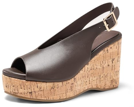 Coutgo Womens Platform Wedge Sandals Open Peep Toe Slingback Cork High Heels Summer Beach Shoes, Chocolate, Size 8