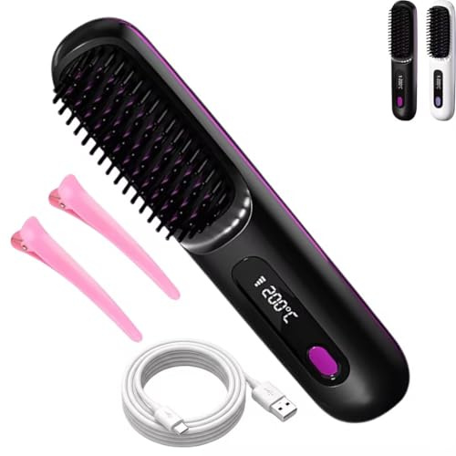 Giovencia Brosse Coiffante Cheveux Court, Peigne Lissant Chauffant Sans Fil En Céramique, 2 En 1 Brosse Lissante Pour Cheveux Sans Fil, Peigne, 3 Modes De Chauffe Et écran LED, Coiffage Lisse (Noir)