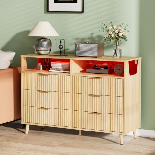 Bonnlo LED Chest of Drawers, 6 Drawers Grille Bedroom Drawer, Chest of Drawers Bedroom with 16 Colors RGB Lights,Oak Modern Storage Dresser,Clothing Storage Cabinet for Living Room