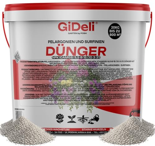 GiDeli Dünger für Pelargonien und Surfinien 20kg im Eimer - Pflanzendünger Intensivierung des Pflanzenwachstums - Blumendünger für Eine Üppige und Lang Anhaltende Blüte