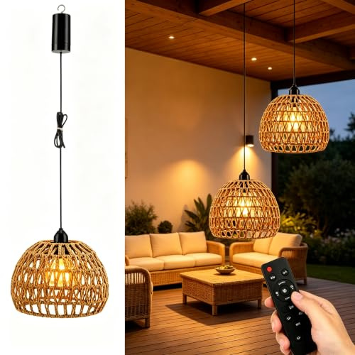 2er Hängelampe Outdoor, Boho Rattan Lampe, Hängeleuchte Outdoor Dimmbar