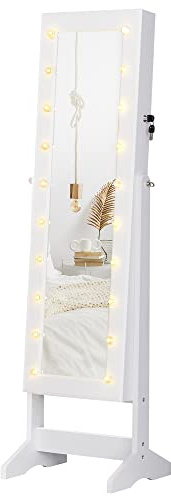 HOMCOM Armadio Portagioielli Portagioie Specchio Regolabile 20 Luci LED, Legno, Bianco, 40x37x146 cm