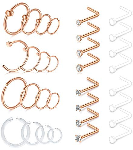 D.Bella 18G Nasenstecker Nasenpiercing Chirurgenstahl L-Form Nasenring und Retainer Klar Nase Stecker Piercing Schmuck Rosegold Farbe 32Stk