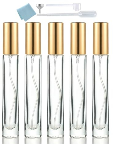 ELFENSTALL - Thick Glass 5pcs 10ml 1/3oz Gold Spray Bottle Refill Perfume Hydrating Fragrance Fine Mist Atomizer Cosmetic Container Round Tube Party Makeup Tool Travel Gift Sample