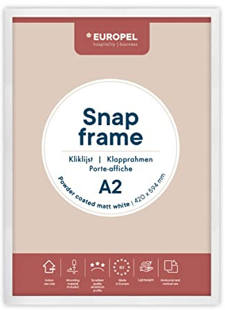 Europel Marco ligero A2, acabado con recubrimiento en polvo blanco mate, perfil 25 x 11 mm, aluminio anodizado, protector antirreflectante, dimensiones externas 451 x 625 mm, parte trasera de