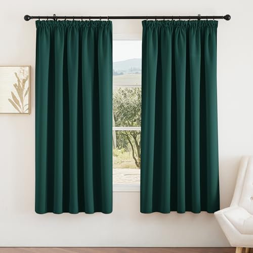 PONY DANCE Dark Green Blackout Thick Curtains Pencil Pleat - Light Blocking Noise Reduction Blackout Sheet Curtains Thermal Window Treatment for Sliding Glass Door, 2 Panels, W66 X L72
