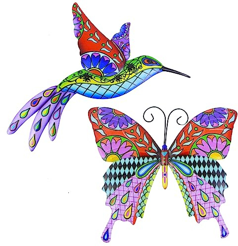 BEHAHAI 2 Pcs Metal Hummingbird Butterfly Wall Art Decor, Wrought Iron Garden Ornament Decorations Outdoor Fence for Bedroom Patio Porch or Fence, 10.23*8.66inch