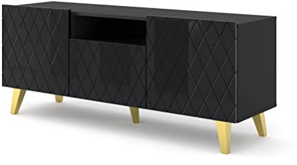 Homlando TV Schrank DIUNA 145 cm 2D1K auf Beinen - Moderner TV-Stand – TV Board – Sideboard für das Schlafzimmer oder Wohnzimmer Glanz (Schwarz Glanz auf Schwarzen Metallbeine)