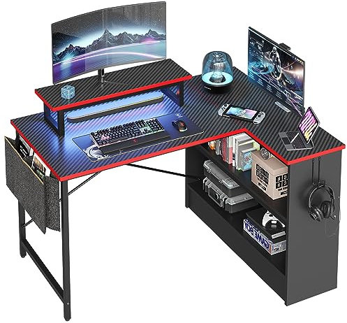 Bestier L Shaped Gaming Desk with Storage Shelves, 42 Inch Reversible Corner Computer Desk with LED Lights, PC Gaming Table with Side Storage Bag & Monitor Stand for Bedroom