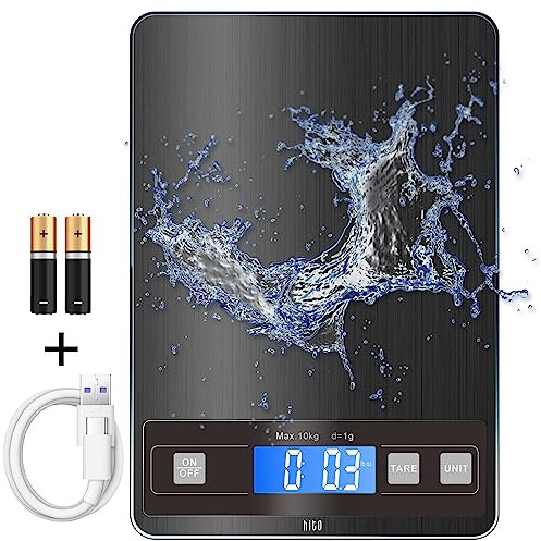 hito Rechargeable Kitchen Digital Scale 10kg/22lb Cooking Scale for Baking Waterproof Tare Function Ounces and Grams 1g/0.1oz Stainless Steel