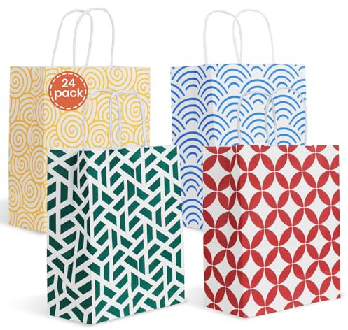 Parmedu Papiertüten-Set in 4 Farben: 24 Geschenktüten mit Griffen in Optimaler Größe 26 * 21,5 * 10CM, Verdickte Mitnahme-Tüten für Weihnachten, Feste, Geburtstage, Partys, Hochzeiten usw.