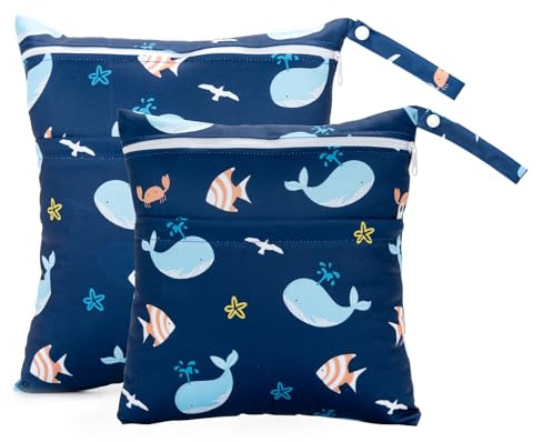 fanksoow 2Pcs Wet Bags, Waterproof Travel Beach Baby Cloth Diaper Wet Dry Bags for Soiled Baby Clothes Swimsuits (Whales)