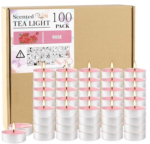 Teksome Luces de té perfumadas | Velas de té candelita,Paquete de 100 Velas románticas Ligeras para Boda, Velas cálidas, sin Goteo, 4 Horas de duración de combustión, para Decoraciones para Fiesta
