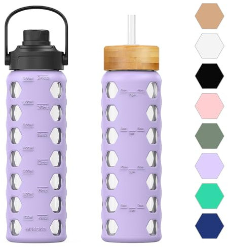 HYDRAGLAZIC 700ML Glass Water Bottle with 2 Flip and Bamboo Straw Lids Sports Water Tumbler with Time Reminder and Silicone Sleeve Leak-proof BPA Free, Purple